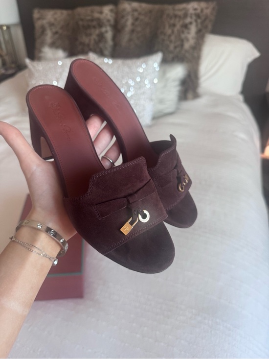 Loro Piana Shoes - Loro Piana Brown Suede Slide Mules with Gold Accent